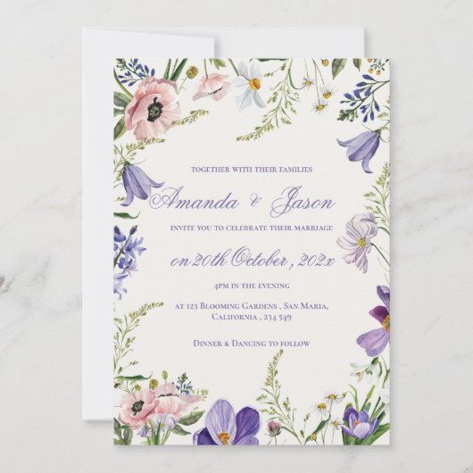 Elegant  Perzik Paarse Blauw Bloemen Bruiloft Kaart (Voorkant)