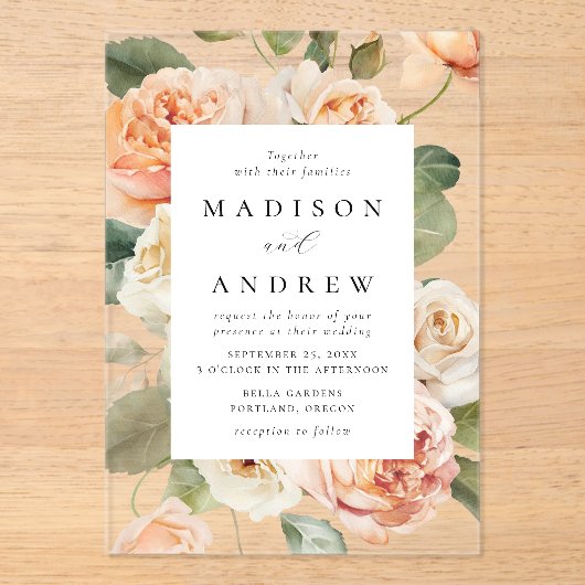 Elegant Perzik Roos Bruiloft Acryl Uitnodigingen (Voorkant)