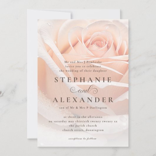 Elegant Perzik Roos Formele Bruiloft Kaart (Voorkant)