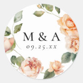 Elegant Perzik Roos Monogram Bruiloft Ronde Sticker (Voorkant)