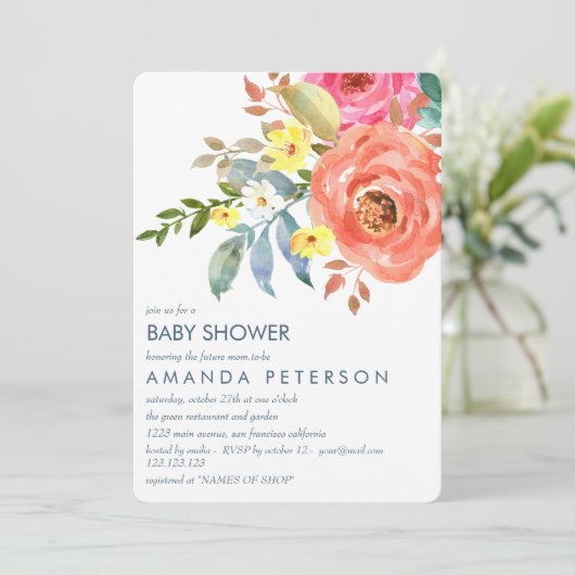 Elegant Perzik Roze en blauw Pioenen Baby shower Kaart (Staand voorkant)