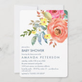 Elegant Perzik Roze en blauw Pioenen Baby shower Kaart (Voorkant)