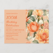 Elegant Perzik Sinaasappel Bloemen Rozen 100e Verj Uitnodiging Briefkaart (Voorkant)