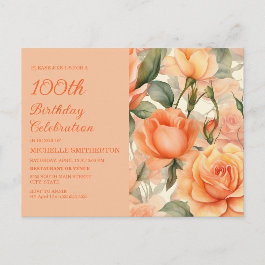 Elegant Perzik Sinaasappel Bloemen Rozen 100e Verj Uitnodiging Briefkaart (Voorkant)