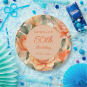 Elegant Perzik Sinaasappel Bloemen Rozen 50ste Ver Papieren Bordje (Feest)