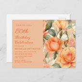 Elegant Perzik Sinaasappel Bloemen Rozen 50ste Ver Uitnodiging Briefkaart (Voorkant / Achterkant)