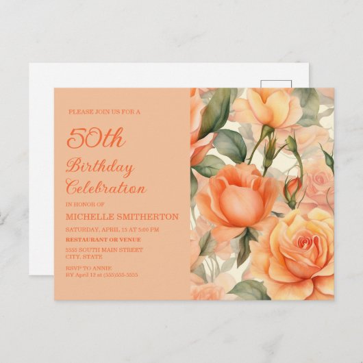 Elegant Perzik Sinaasappel Bloemen Rozen 50ste Ver Uitnodiging Briefkaart (Voorkant / Achterkant)