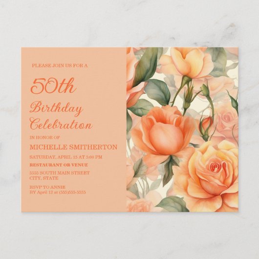 Elegant Perzik Sinaasappel Bloemen Rozen 50ste Ver Uitnodiging Briefkaart (Voorkant)