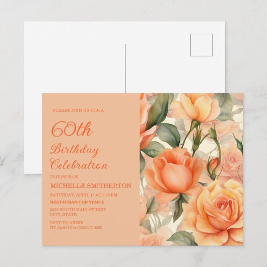 Elegant Perzik Sinaasappel Bloemen Rozen 60e Verja Uitnodiging Briefkaart (Voorkant / Achterkant)