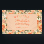 Elegant Perzik Sinaasappel Bloemen Rozen 70e Verja Spandoek<br><div class="desc">Mooie perzik/oranje rozen vrouwen 70ste verjaardagsfeestje Welkom banner. Tekst is volledig aanpasbaar,  zodat deze banner voor elke leeftijd kan worden ontworpen. Neem contact met mij op voor hulp bij maatwerk of om bijpassende producten aan te vragen.</div>