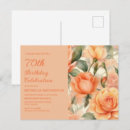 Elegant Perzik Sinaasappel Bloemen Rozen 70e Verja Uitnodiging Briefkaart (Voorkant / Achterkant)