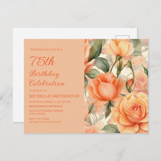Elegant Perzik Sinaasappel Bloemen Rozen 75e Verja Uitnodiging Briefkaart (Voorkant / Achterkant)
