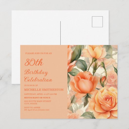 Elegant Perzik Sinaasappel Bloemen Rozen 80ste Ver Uitnodiging Briefkaart (Voorkant / Achterkant)
