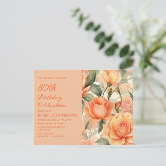 Elegant Perzik Sinaasappel Bloemen Rozen 80ste Ver Uitnodiging Briefkaart (Staand voorkant)
