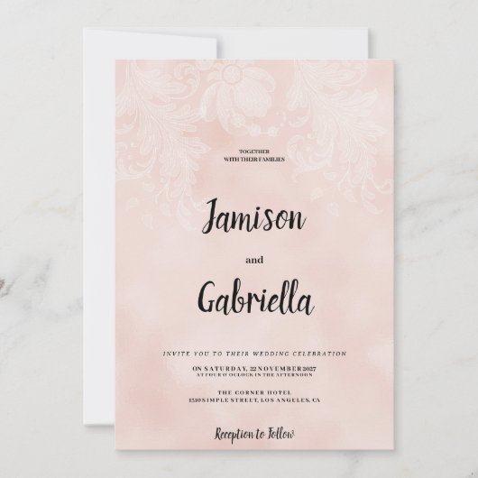 Elegant perzik wit bloemkant lijst Bruiloft Kaart (Voorkant)