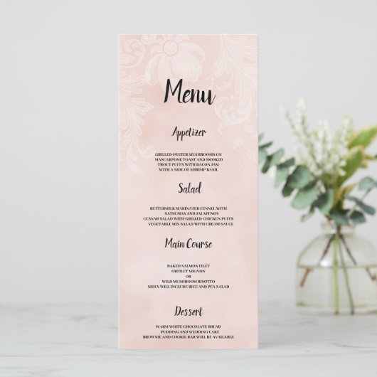 Elegant perzik wit bloemkant lijst Bruiloft Menu (Staand voorkant)