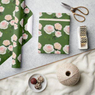 Elegant perzik wit roze rozen groen cadeaupapier