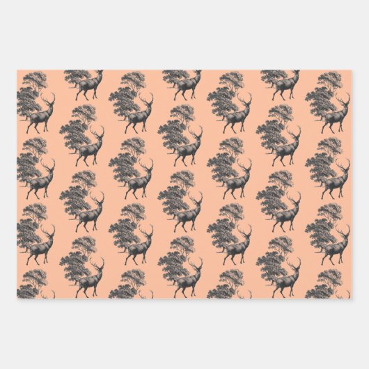 Elegant  Perzik Zwart Wit Toile Herten Bossen Inpakpapier Vel (Voorkant 3)