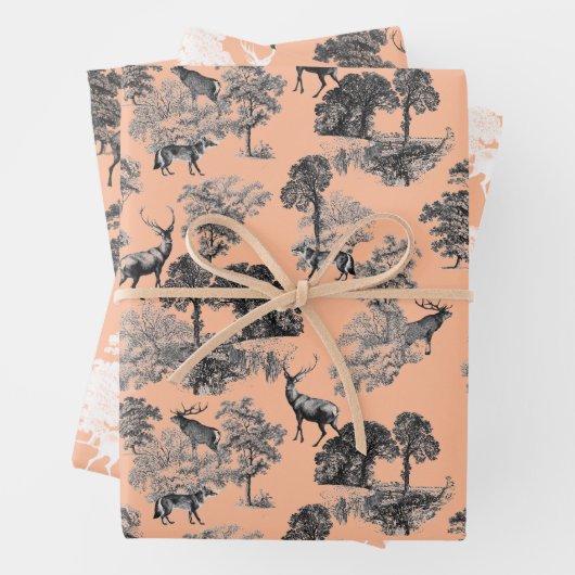 Elegant  Perzik Zwart Wit Toile Herten Bossen Inpakpapier Vel (In situ)