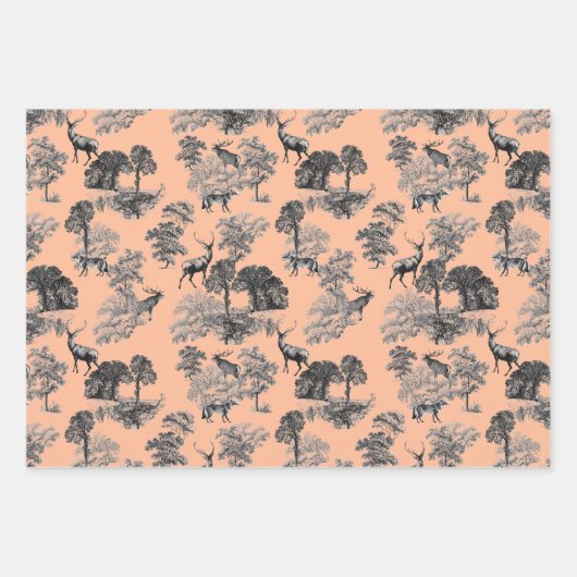 Elegant Perzik Zwart Wit Toile Herten Bossen Inpakpapier Vel (Voorkant)