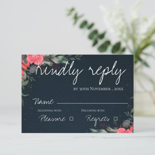 Elegant perzikgrijs handschrift bruiloft RSVP kaartje (Staand voorkant)