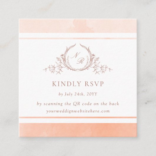 Elegant perzikmonogram RSVP en QR-code Informatiekaartje (Voorkant)