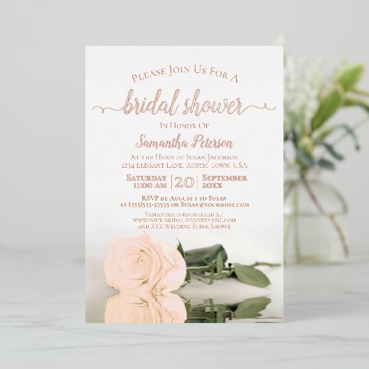 Elegant PerzikRoos met Roos Gold Vrijgezellenfeest Folie Uitnodiging (Staand Voorkant)