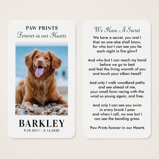 Elegant Pet Memorial Foto sympathie Kaart geprezen (Voorkant /achterkant)