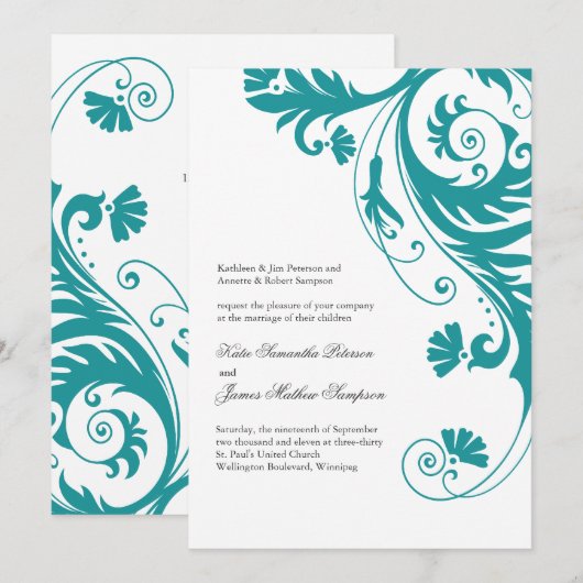 Elegant Petrol Wedding Invitations Kaart (Voorkant / Achterkant)