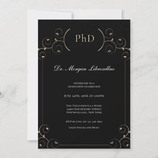 Elegant PhD Gold Black Graduation Party Invitation Kaart (Voorkant)