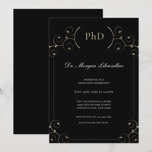 Elegant PhD Gold Black Graduation Party Invitation Kaart (Voorkant / Achterkant)