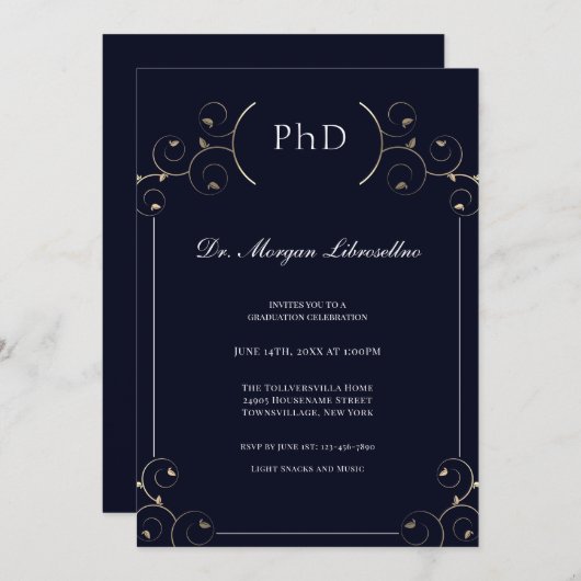 Elegant PhD Gold Blue Afstuderen Kaart (Voorkant / Achterkant)