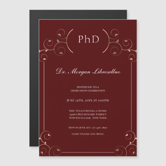 Elegant PhD Gold Burgundy Afstuderen Magnetische Uitnodiging (Voorkant / Achterkant)