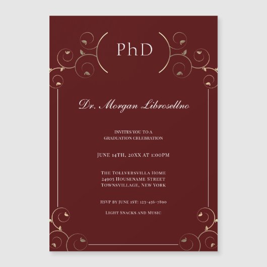 Elegant PhD Gold Burgundy Afstuderen Magnetische Uitnodiging (Voorkant)