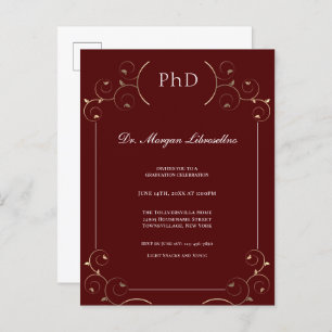 Elegant PhD Gold Burgundy Uitnodiging Briefkaart