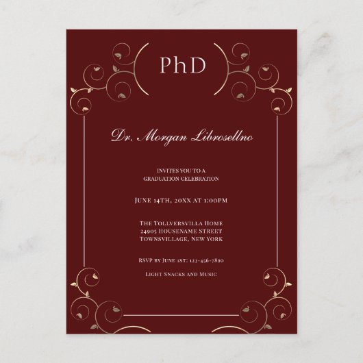 Elegant PhD Gold Burgundy Uitnodiging Briefkaart (Voorkant)