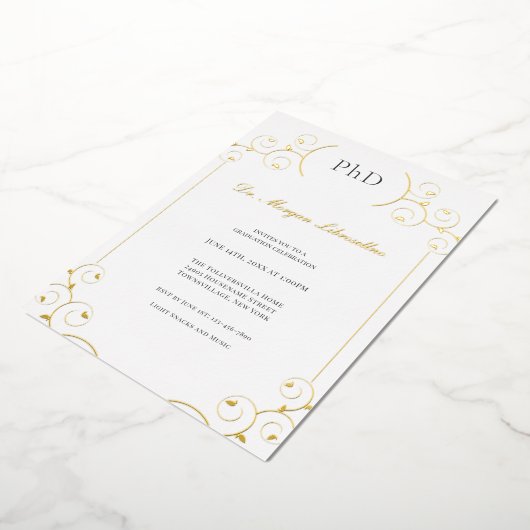 Elegant PhD Gold Grey White Graduation Party Folie Folie Uitnodiging (Gedraaid)