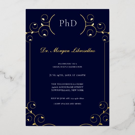 Elegant PhD Gold White Blue Graduation Party Folie Uitnodiging (Voorkant)