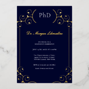 Elegant PhD Goud Wit Blauw Afstudeerfeest Folie Uitnodiging