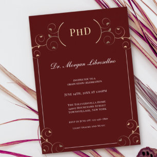 Elegant PhD graad Gold Burgundy Graduation Party Kaart