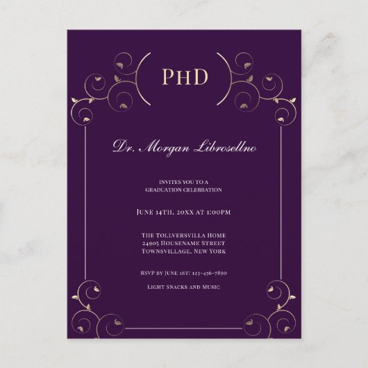 Elegant PhD graad Gold Paarse Graduation Party Uitnodiging Briefkaart (Voorkant)