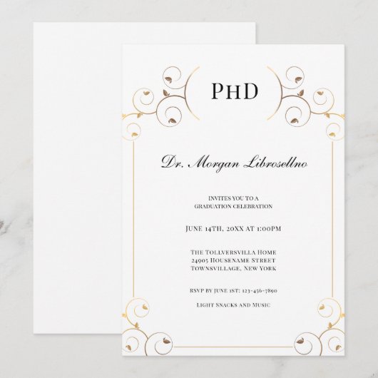Elegant PhD graad Gold White Graduation Party Kaart (Voorkant / Achterkant)