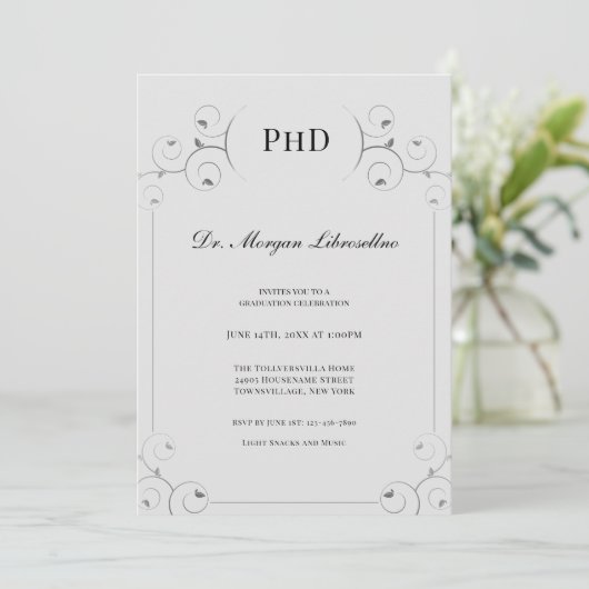 Elegant PhD-graad Silver Black Graduation Party Kaart (Staand voorkant)