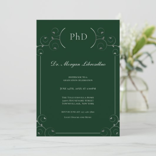 Elegant PhD Silver Green Graduation Party Kaart (Staand voorkant)