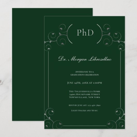 Elegant PhD Silver Green Graduation Party Kaart (Voorkant / Achterkant)