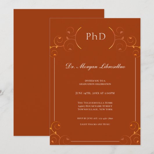 Elegant PhD verbrand Oranje Afstuderen Kaart (Voorkant / Achterkant)