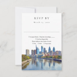 Elegant Philadelphia Skyline Watercolor Wedding RSVP Kaartje