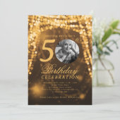 Elegant Photo 50th Birthday Gold Glam Lights Kaart (Staand voorkant)