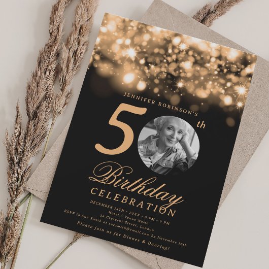 Elegant Photo 50th Birthday Gold Midnight Glam Kaart