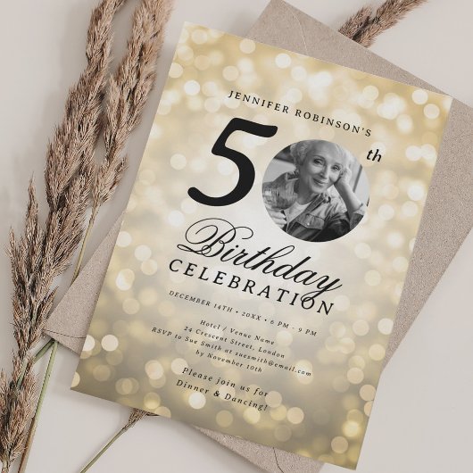 Elegant Photo 50th Birthday Party Gold Bokeh Kaart